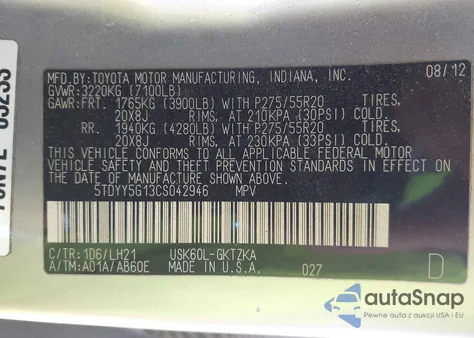 2012 Toyota Sequoia Platinum 5.7L V8 из США, поврежденный, VIN 5TDYY5G13CS042946